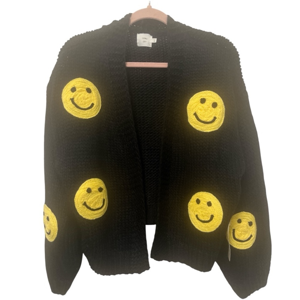 Black Smiley Face Open Cardigan Sweater - Unbranded
